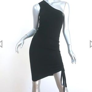 T Alexander Wang black wool one shoulder dress with ruched tie down the bottom